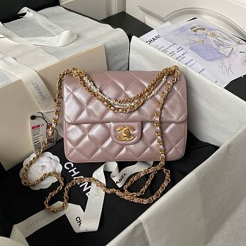 	 Bagsaaa Chanel Flap Bag With Pearl Chain Strap Pink - 14.5x19.5x7.5cm