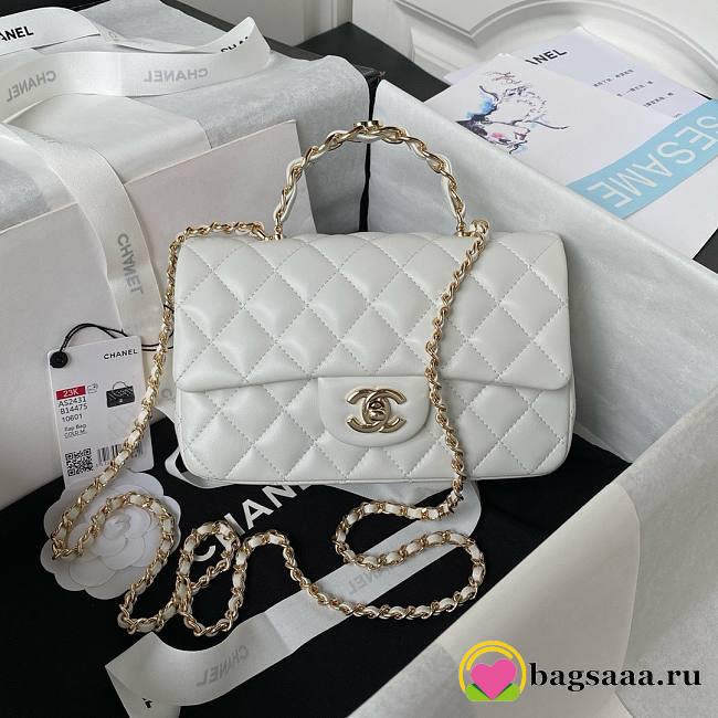 	 Bagsaaa Chanel Mini Rectangular Flap with Top Handle White Lambskin Light Gold Hardware - 20cm - 1