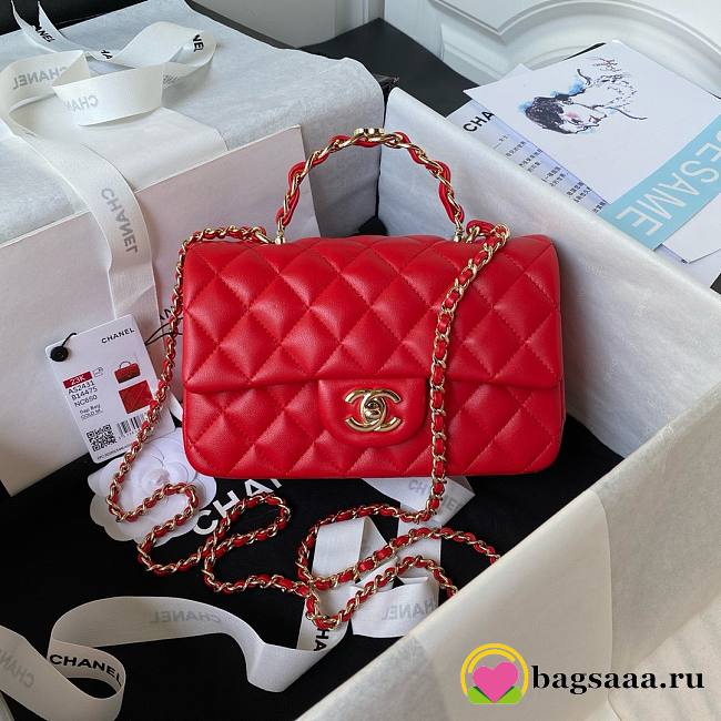 	 Bagsaaa Chanel Mini Rectangular Flap with Top Handle Red Lambskin Light Gold Hardware - 20cm - 1