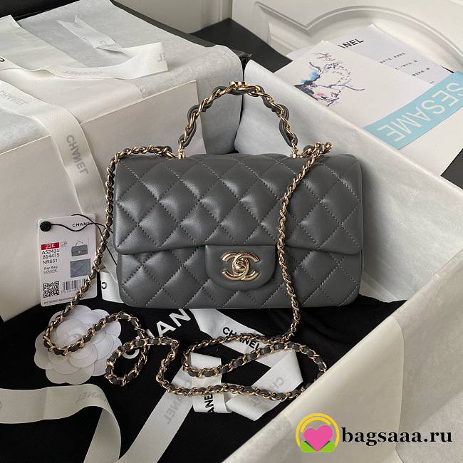 	 Bagsaaa Chanel Mini Rectangular Flap with Top Handle Grey Lambskin Light Gold Hardware - 20cm - 1
