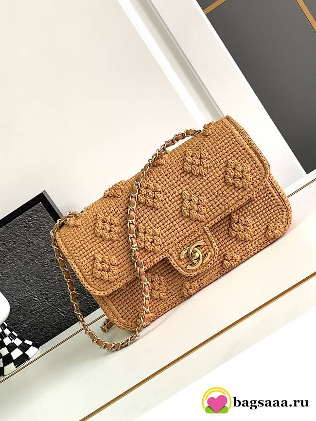 Bagsaaa Chanel Flap Bag Raffia Effect Braided & Gold-Tone Metal Camel AS4529 - 15.5 × 25 × 6 cm - 1