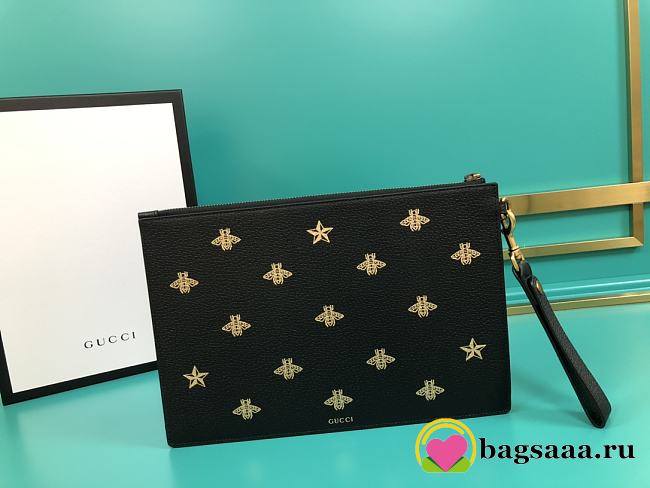 Bagsaaa Gucci Bee Star Leather Pouch Black 495066 Size 30.5*21*1.5 cm - 1