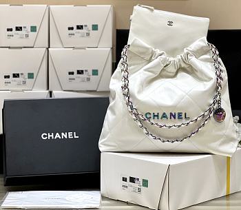 Bagsaaa Chanel 22 Small Handbag White & Rainbow Logo AS3260 - 35 × 37 × 7 cm