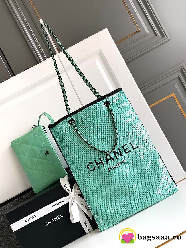 Bagsaaa Chanel Shopping Bag AS4856 Green Sequins & Black Metal - 39 × 30 × 2 cm - 1