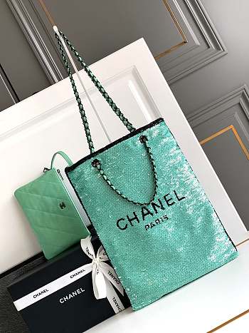 Bagsaaa Chanel Shopping Bag AS4856 Green Sequins & Black Metal - 39 × 30 × 2 cm