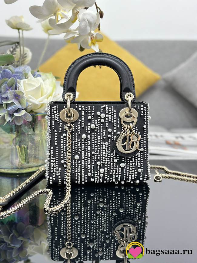 Bagsaaa Mini Lady Dior Bag Black Satin Embroidered with White Resin Pearls - 17 x 15 x 7 cm - 1