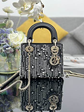 Bagsaaa Mini Lady Dior Bag Black Satin Embroidered with White Resin Pearls - 17 x 15 x 7 cm