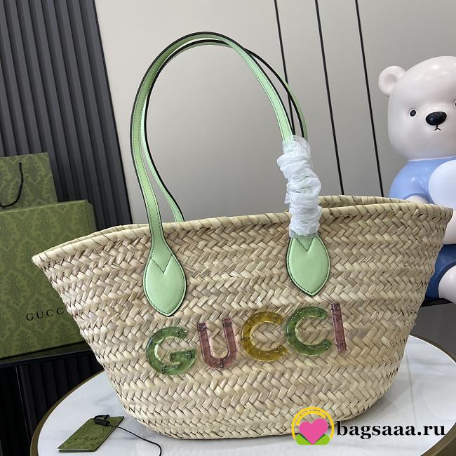 Bagsaaa Gucci Small Straw Tote With Gucci Logo ‎779524 Pale Green - 26 x 22.5 x 18 cm - 1