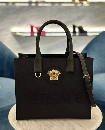 Bagsaaa Versace La Medusa Canvas Small Tote Bag Black - 29.5 x 14.5 x 24 cm