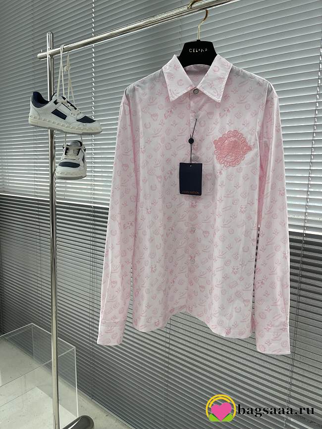 Bagsaaa LV Monogram Printed Long-Sleeved Cotton Shirt Pink - 1