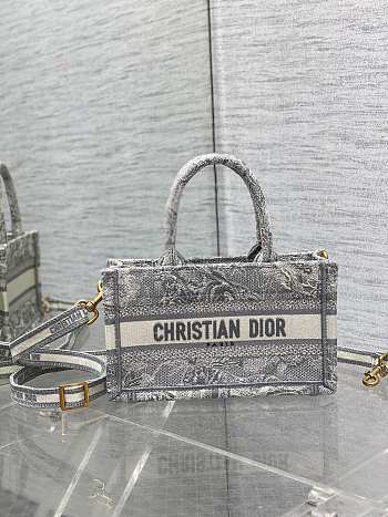 Bagsaaa Mini Dior Book Tote Gray Toile de Jouy Reverse Embroidery - 21.5 x 13 x 7.5 cm