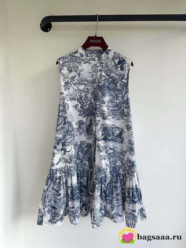 Bagsaaa Dioriviera Straight Ruffled Dress White and Navy Blue Cotton and Silk Poplin with Toile de Jouy Sauvage Motif - 1