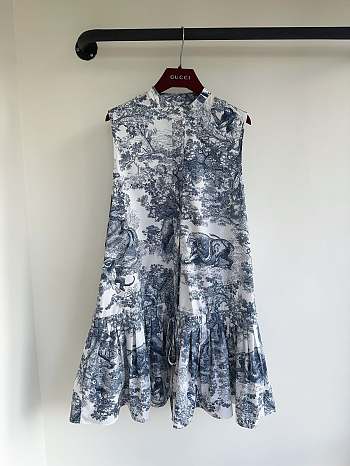 Bagsaaa Dioriviera Straight Ruffled Dress White and Navy Blue Cotton and Silk Poplin with Toile de Jouy Sauvage Motif