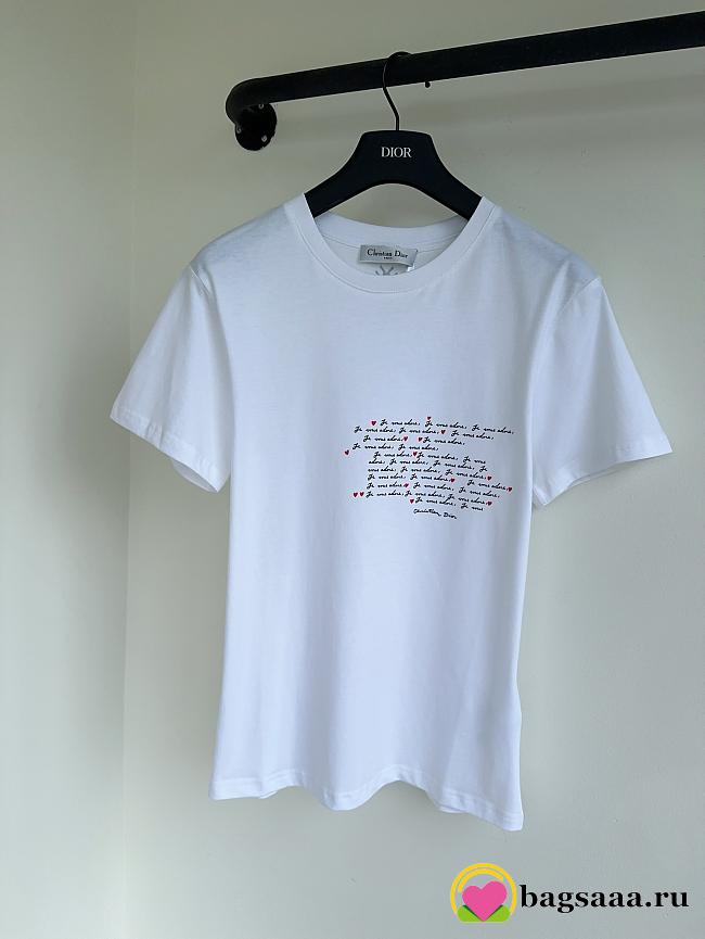 Bagsaaa Dioramour Embroidered T-Shirt White Cotton and Linen Jersey with Black and Red Je Vous Adore Motif - 1