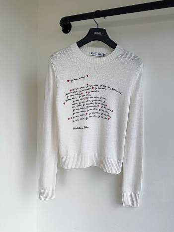 Bagsaaa Dioramour Embroidered Sweater White Cashmere Knit with Black and Red Je Vous Adore Motif