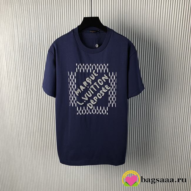 Bagsaaa LV Embroidered Signature Cotton T-Shirt Navy Blue - 1