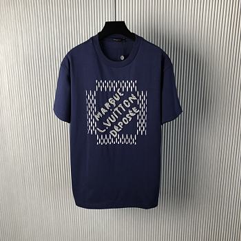 Bagsaaa LV Embroidered Signature Cotton T-Shirt Navy Blue