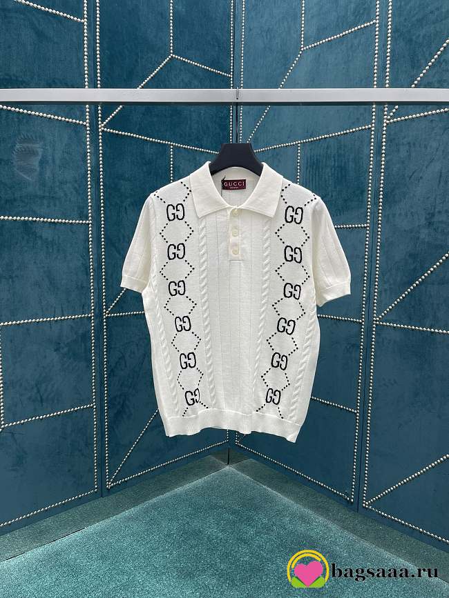 Bagsaaa Gucci Cotton Knit Polo Top With GG Intarsia White - 1