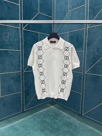 Bagsaaa Gucci Cotton Knit Polo Top With GG Intarsia White