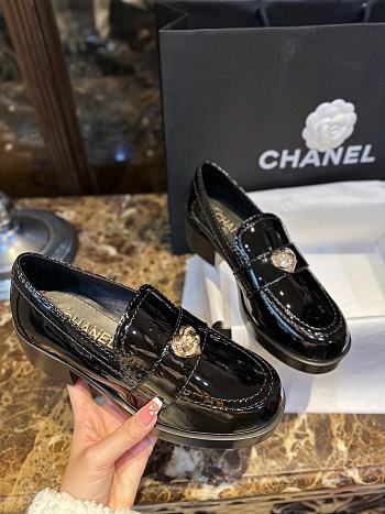 Bagsaaa Chanel Loafers Black Patent With Heart Logo