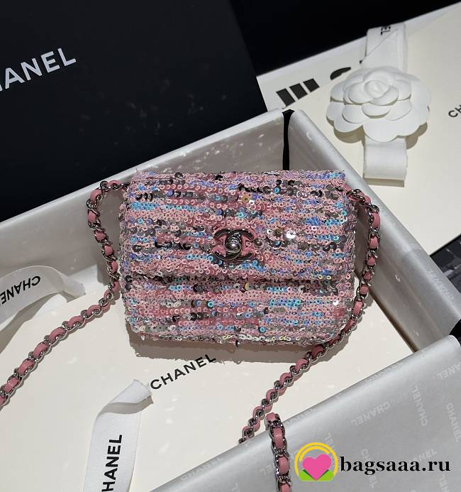 Bagsaaa Chanel Mini Flap Bag Sequins Pink & Silver - 13x10cm - 1