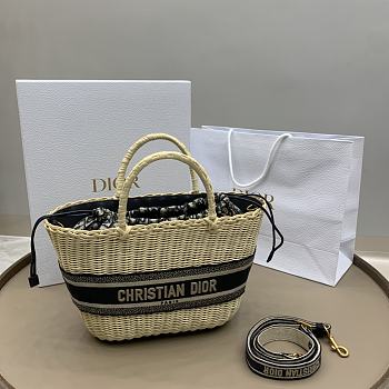 Bagsaaa Dior Hat Basket Bag Natural Wicker and Blue Dior Oblique Jacquard - 35 x 20.5 x 11 cm