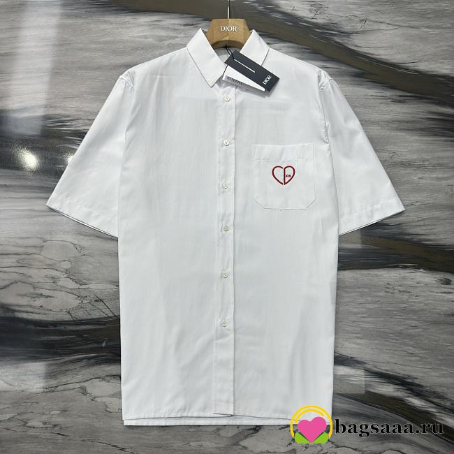 Bagsaaa Dior CD Heart Embroidered Short-Sleeved Shirt White Cotton Piqué - 1