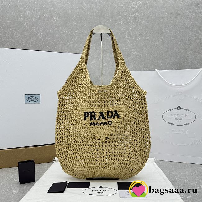 Bagsaaa Prada Natural Raffia Tote Bag With Logo Embroidery In Beige - 45x51cm - 1