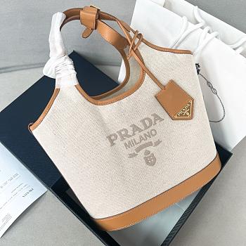 Bagsaaa Prada Medium linen blend and leather tote bag - 28*22.5*12.5cm