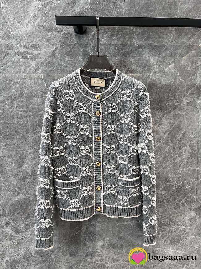 Bagsaaa Gucci GG Wool Bouclé Jacquard Cardigan Gray - 1