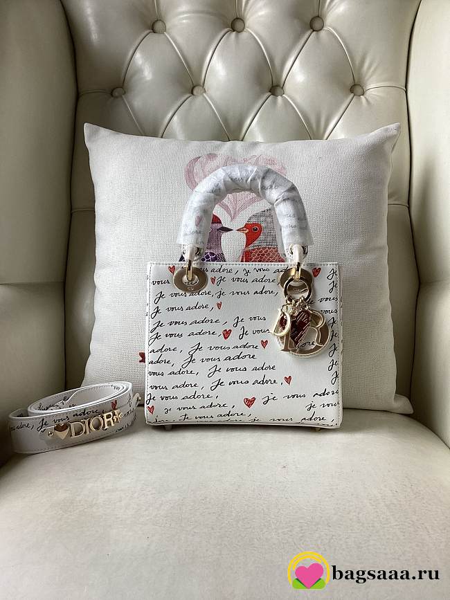 Bagsaaa Dioramour Small Lady Dior My ABCDior Bag White Calfskin with Black and Red Je Vous Adore Print - 20 x 17 x 8 cm - 1