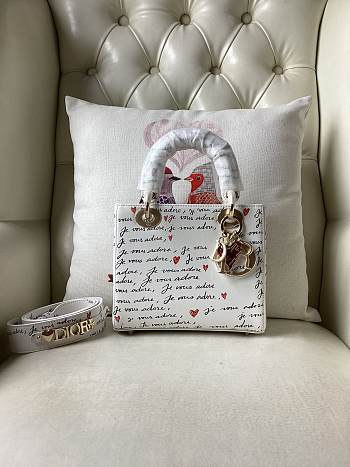 Bagsaaa Dioramour Small Lady Dior My ABCDior Bag White Calfskin with Black and Red Je Vous Adore Print - 20 x 17 x 8 cm