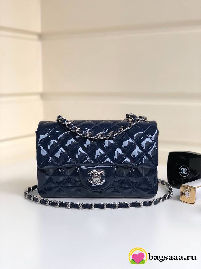 Bagsaaa Chanel Mini Flap Bag Navy Blue Patent & Silver Hardware - 20cm - 1