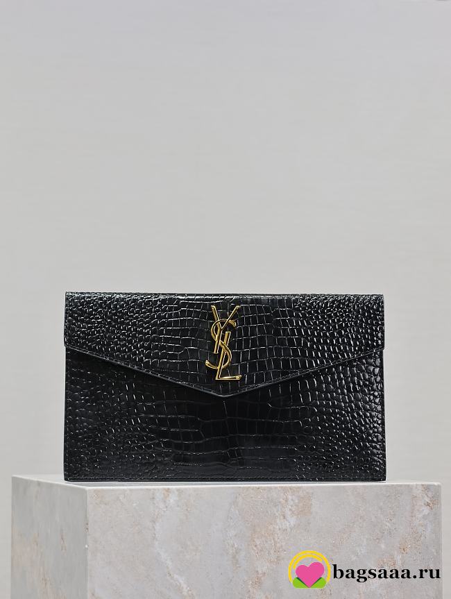 Bagsaaa YSL Uptown Pouch In Crocodile-Embossed Shiny 565739 Black & Gold - 27 x 16 x 2 CM - 1