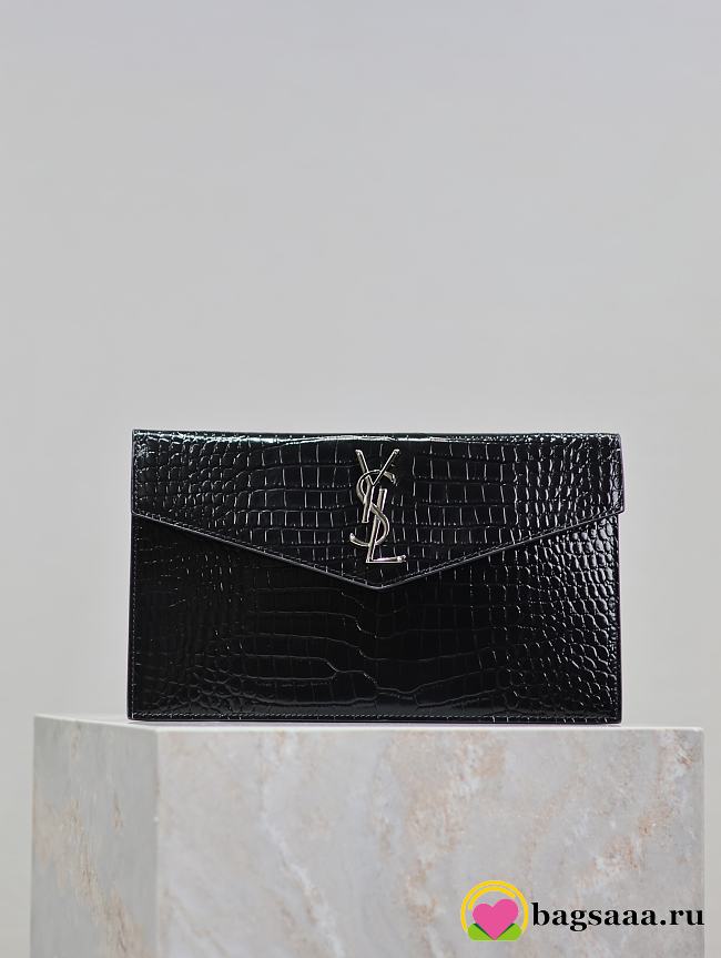 Bagsaaa YSL Uptown Pouch In Crocodile-Embossed Shiny 565739 Black & Silver - 27 x 16 x 2 CM - 1