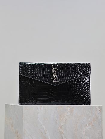 Bagsaaa YSL Uptown Pouch In Crocodile-Embossed Shiny 565739 Black & Silver - 27 x 16 x 2 CM