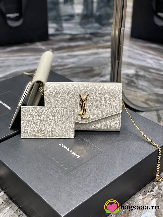 Bagsaaa YSL Uptown Chain Wallet In Grain De Poudre Embossed Leather 607788 White - 19 x 12 x 3 CM - 1