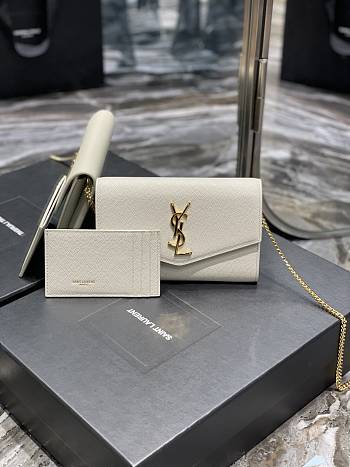 Bagsaaa YSL Uptown Chain Wallet In Grain De Poudre Embossed Leather 607788 White - 19 x 12 x 3 CM