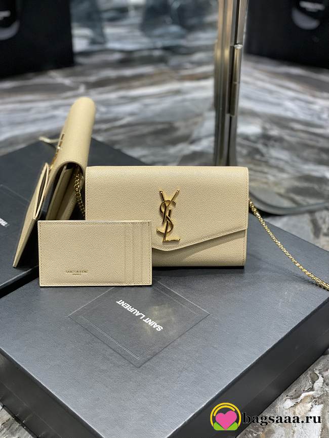 Bagsaaa YSL Uptown Chain Wallet In Grain De Poudre Embossed Leather 607788 Beige - 19 x 12 x 3 CM - 1