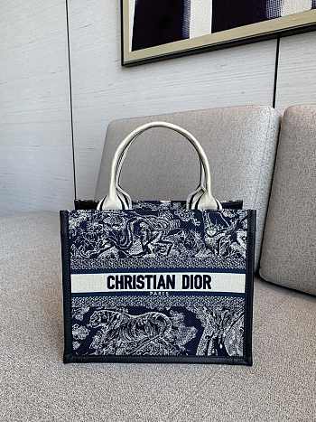 Bagsaaa Small Dior Book Tote Blue and Ecru Toile de Jouy Reverse Embroidery and Blue Calfskin - 26.5 x 22 x 14 cm