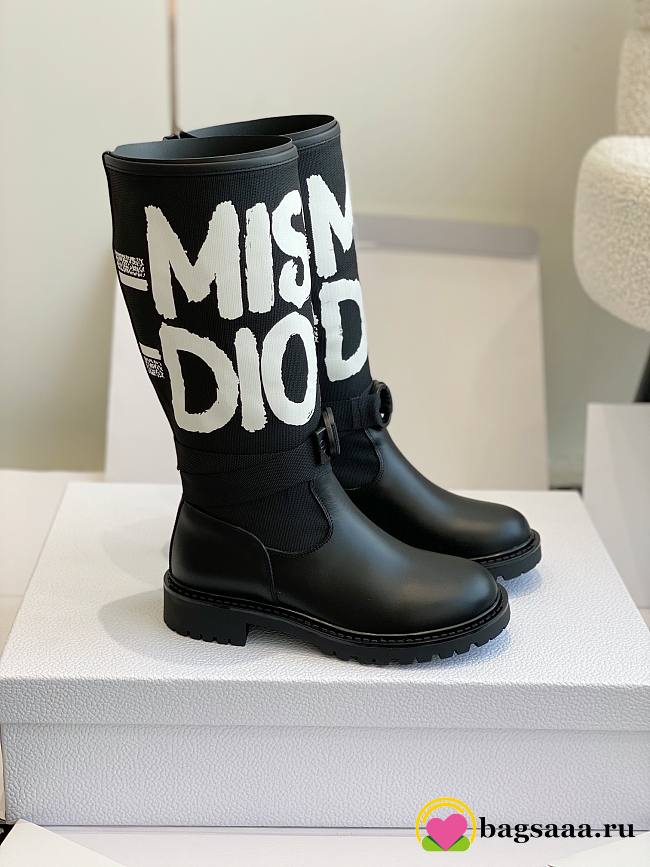 Bagsaaa Dior D-Major Boot Black Technical Fabric with White Miss Dior Graffiti Print and Black Calfskin - 1