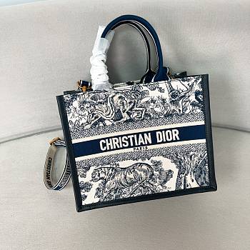 Bagsaaa Small Dior Book Tote White and Navy Blue Toile de Jouy Sauvage Embroidery with Navy Blue Calfskin - 26.5 x 22 x 14 cm