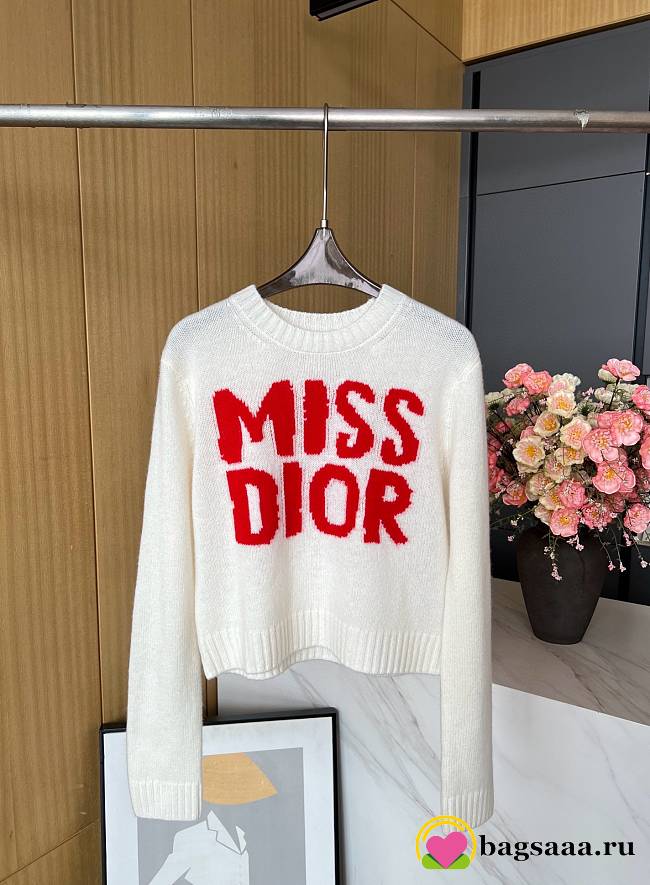 Bagsaaa Dior Sweater Ecru Cashmere and Silk Knit with Red Miss Dior Graffiti Motif - 1