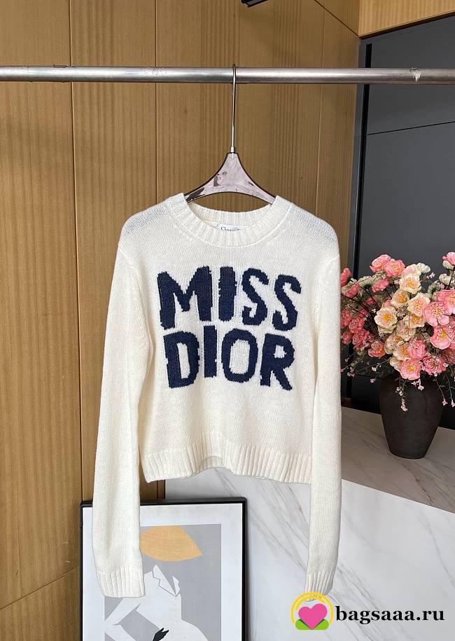 Bagsaaa Dior Sweater Ecru Cashmere and Silk Knit with Blue Miss Dior Graffiti Motif - 1