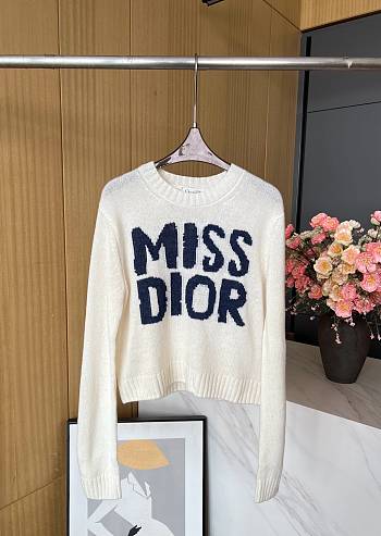 Bagsaaa Dior Sweater Ecru Cashmere and Silk Knit with Blue Miss Dior Graffiti Motif