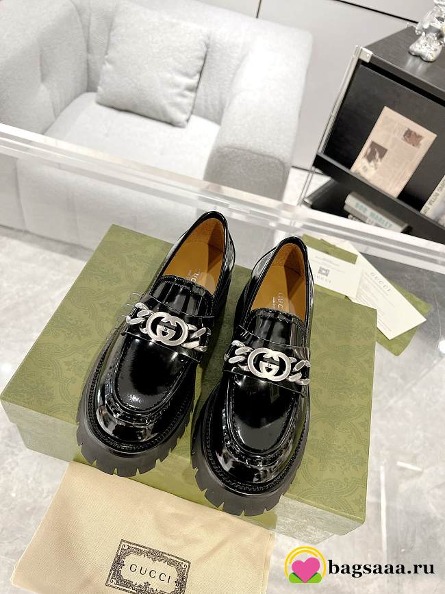 Bagsaaa Gucci Black Interlocking G-chain leather loafers - 1