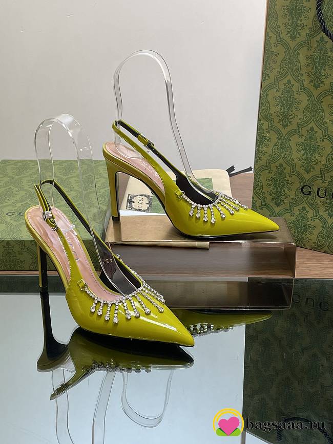 Bagsaaa Gucci Women's pump with crystal chain ‎805306 olive green - 10.5cm - 1