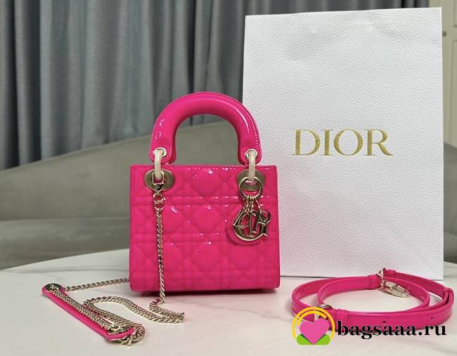 Bagsaaa Dior Small Lady Hot Pink Patent & Gold Hardware - 20×17×8cm - 1