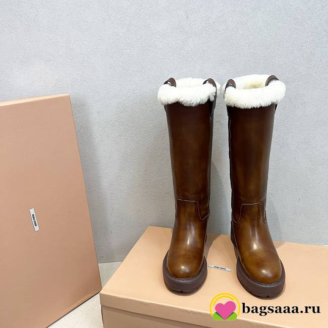 Bagsaaa Miumiu Fumé leather boots brown & shearling lining - 1