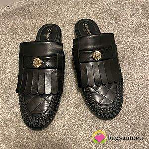 Bagsaaa Chanel Black Braided Leather Lion Fringe Flat Mules - 1